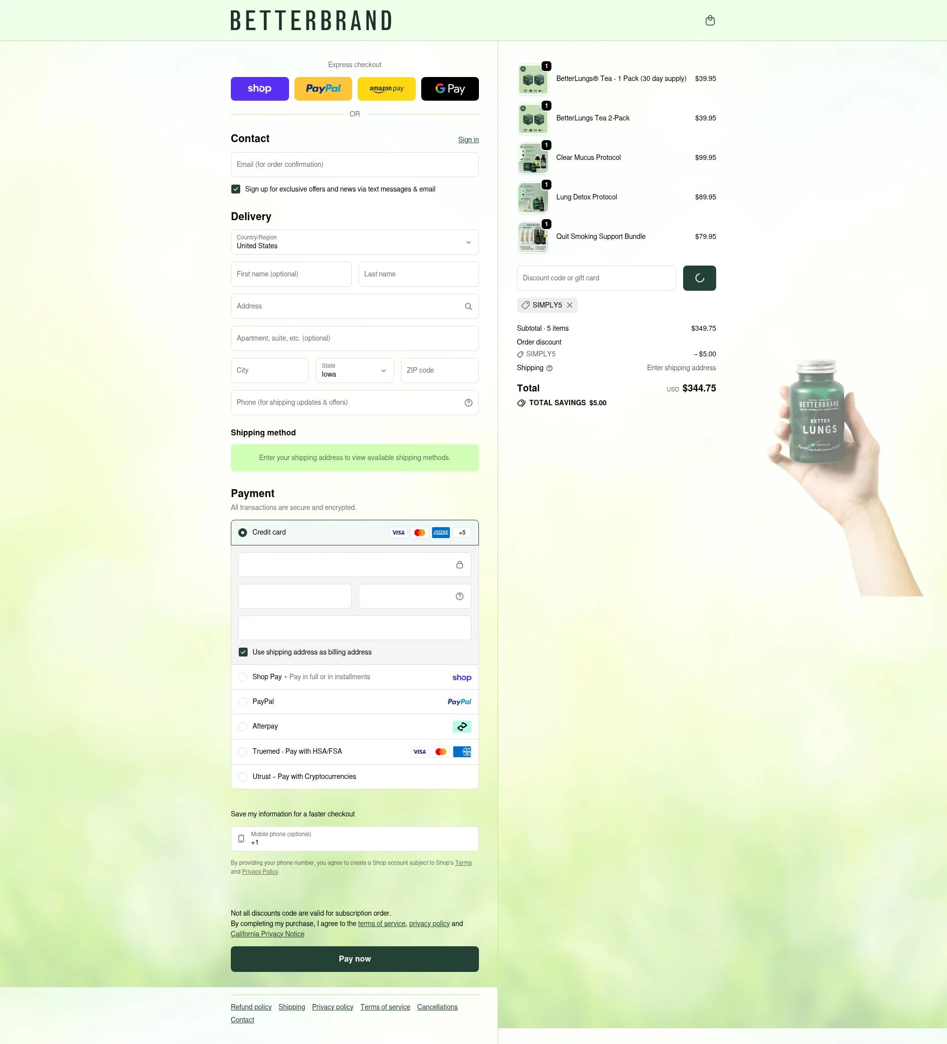 Betterbrand checkout page showing Betterbrand discount code box | Screenshot taken by SimplyCodes community member on Feb 10, 2026