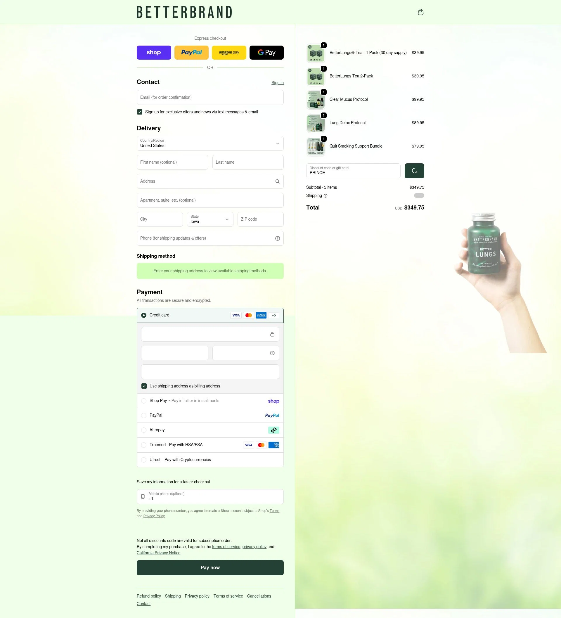 Betterbrand checkout page showing Betterbrand discount code box | Screenshot taken by SimplyCodes community member on Feb 10, 2026