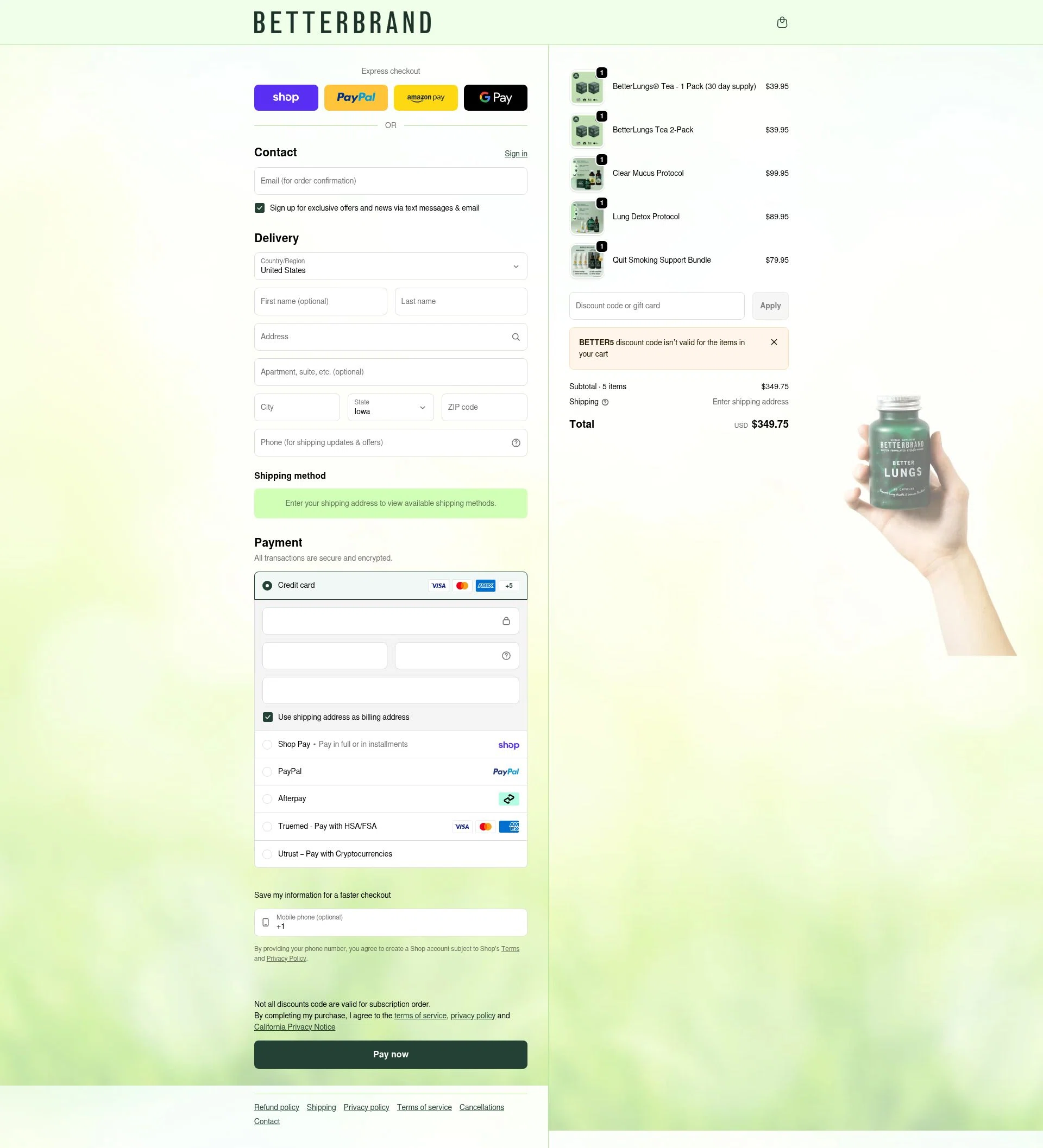 Betterbrand checkout page showing Betterbrand discount code box | Screenshot taken by SimplyCodes community member on Feb 10, 2026