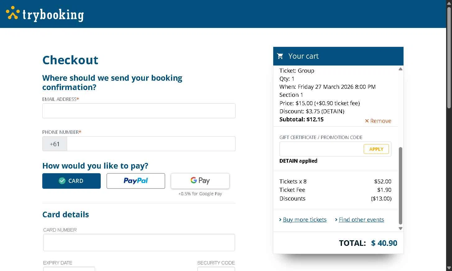 TryBooking checkout page showing TryBooking promo code box | Screenshot taken by SimplyCodes community member on Dec 27, 2025