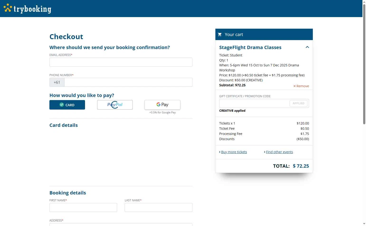 TryBooking checkout page showing TryBooking promo code box | Screenshot taken by SimplyCodes community member on Nov 20, 2025