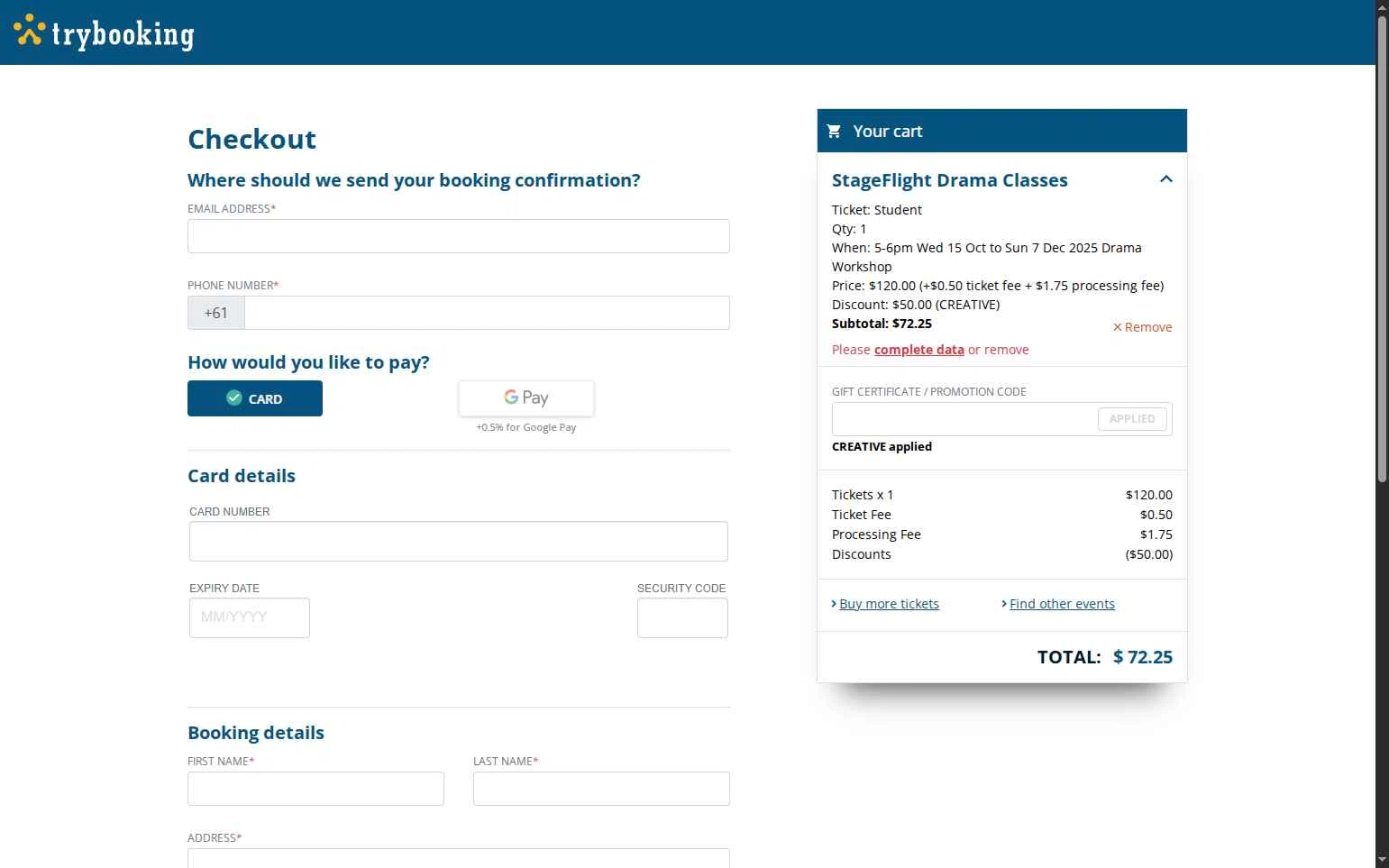 TryBooking checkout page showing TryBooking promo code box | Screenshot taken by SimplyCodes community member on Nov 15, 2025
