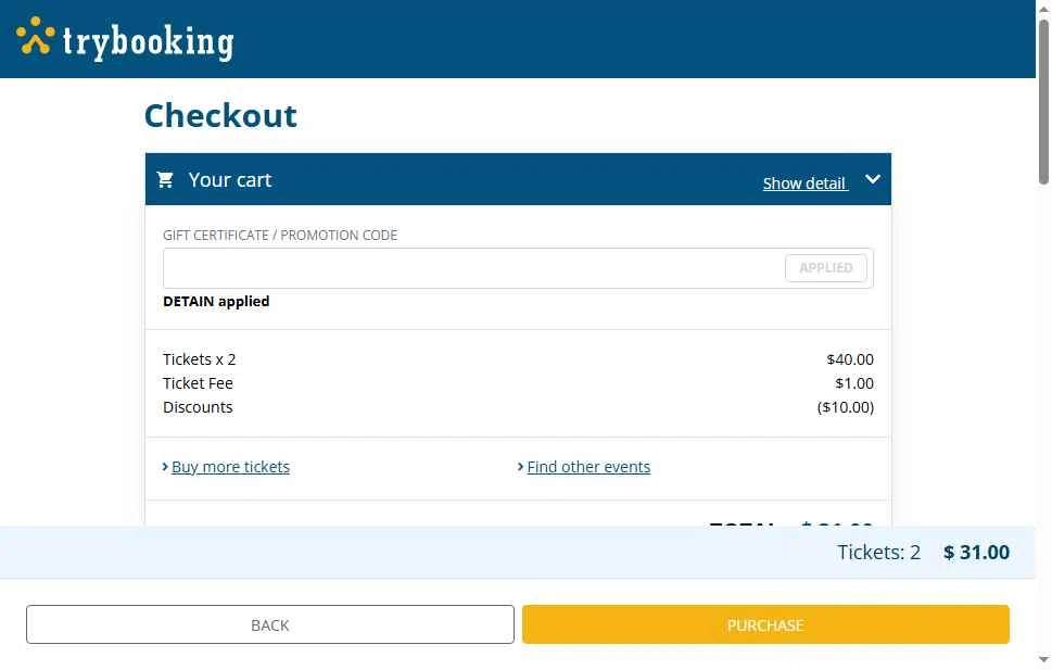 TryBooking checkout page showing TryBooking promo code box | Screenshot taken by SimplyCodes community member on Jan 25, 2026