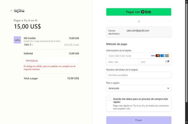 Try it on AI checkout page showing Try it on AI promo code box | Screenshot taken by SimplyCodes community member on Jul 4, 2025