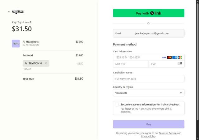 Try it on AI checkout page showing Try it on AI promo code box | Screenshot taken by SimplyCodes community member on Jun 5, 2025