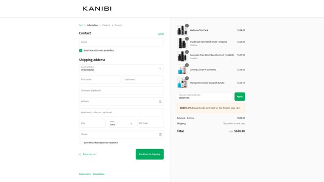 Try Kanibi checkout page showing Try Kanibi promo code box | Screenshot taken by SimplyCodes community member on Sep 9, 2025