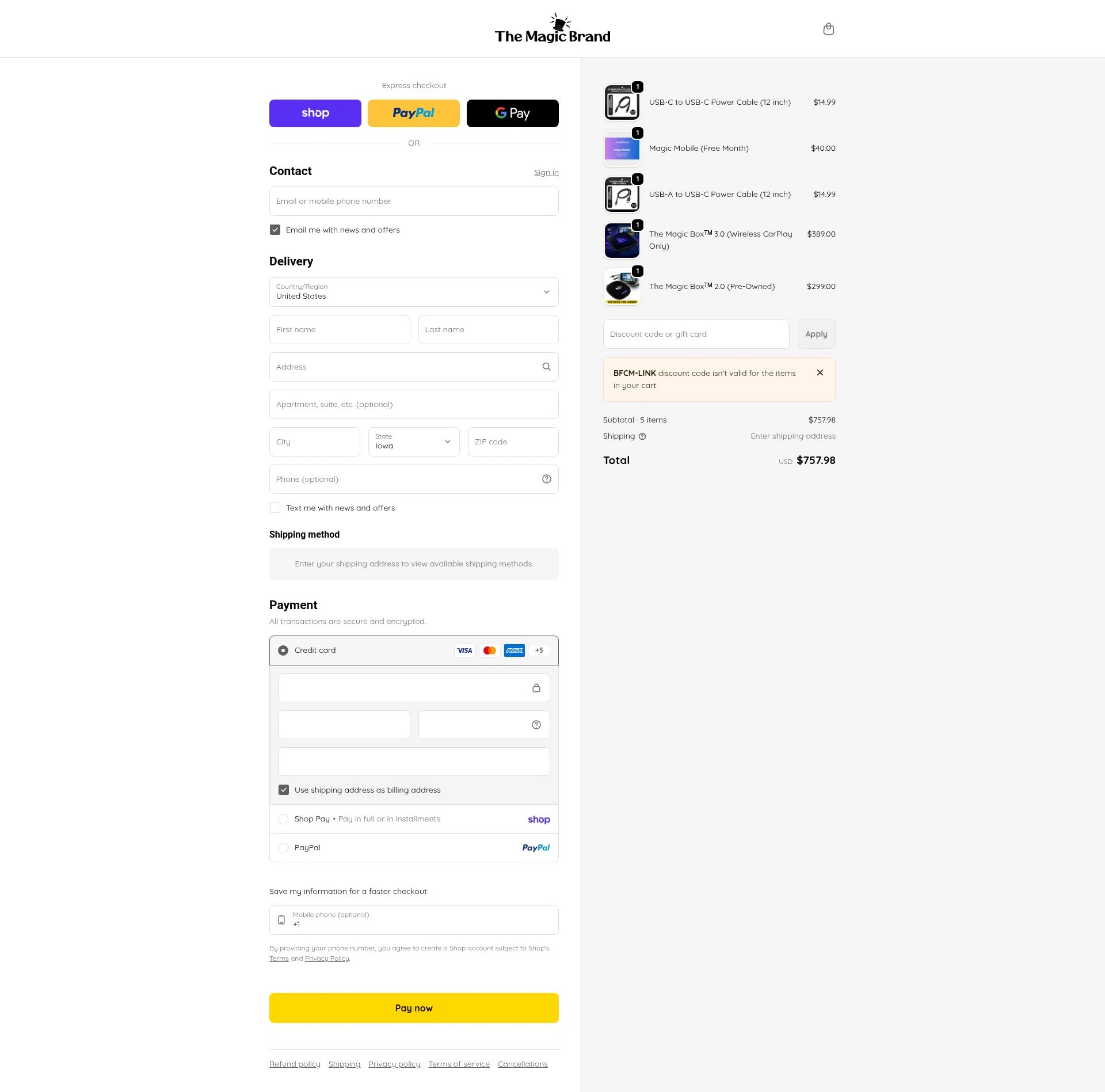 The Magic Brand checkout page showing The Magic Brand discount code box | Screenshot taken by SimplyCodes community member on Feb 10, 2026