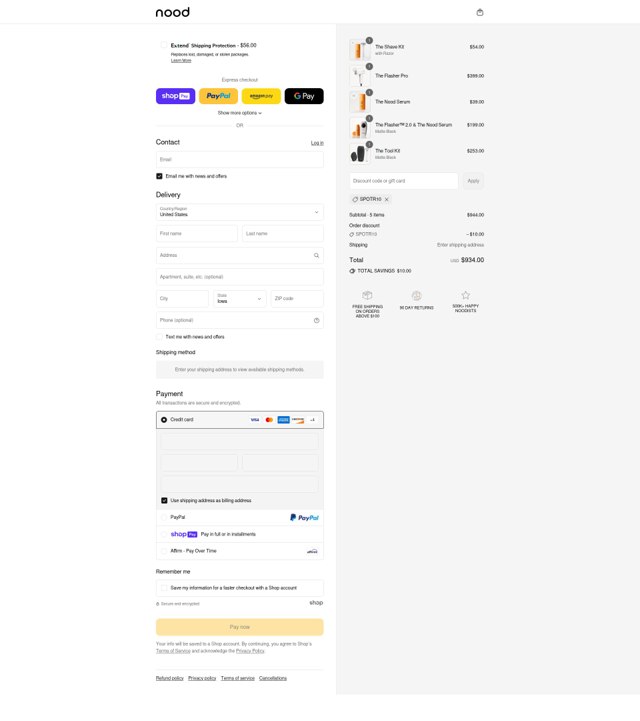 Nood checkout page showing Nood discount code box | Screenshot taken by SimplyCodes community member on Aug 10, 2025