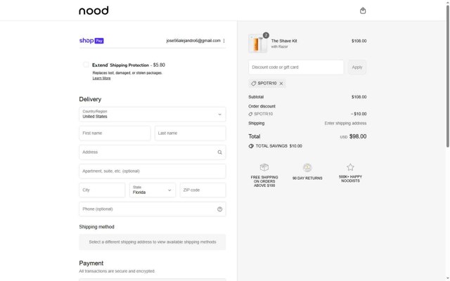 Nood checkout page showing Nood discount code box | Screenshot taken by SimplyCodes community member on Aug 24, 2025