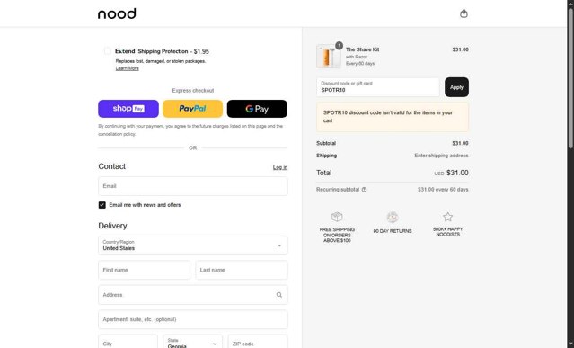 Nood checkout page showing Nood discount code box | Screenshot taken by SimplyCodes community member on Aug 8, 2025