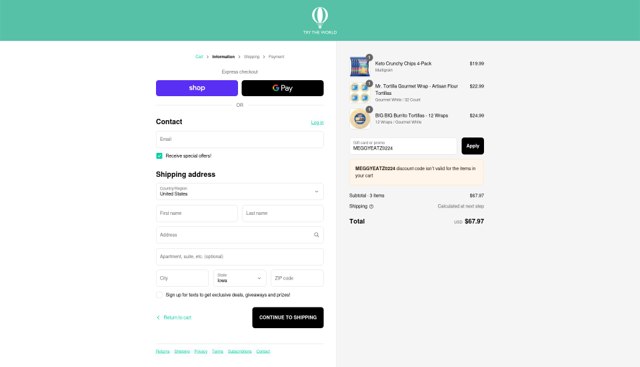 Try The World checkout page showing Try The World promo code box | Screenshot taken by SimplyCodes community member on Sep 3, 2025
