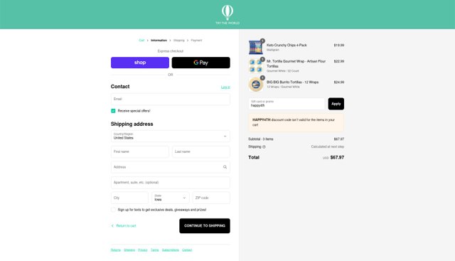 Try The World checkout page showing Try The World promo code box | Screenshot taken by SimplyCodes community member on Sep 3, 2025