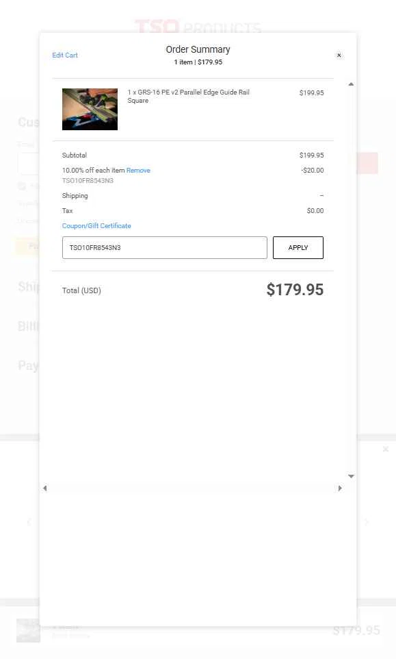 TSO Products checkout page showing TSO Products promo code box | Screenshot taken by SimplyCodes community member on Sep 3, 2025