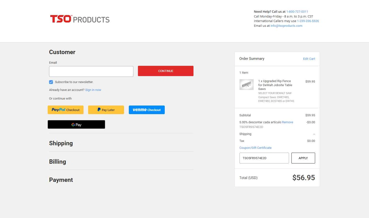 TSO Products checkout page showing TSO Products promo code box | Screenshot taken by SimplyCodes community member on Sep 3, 2025