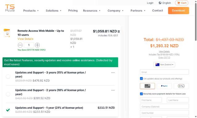 TSPlus checkout page showing TSPlus coupon code box | Screenshot taken by SimplyCodes community member on May 28, 2025