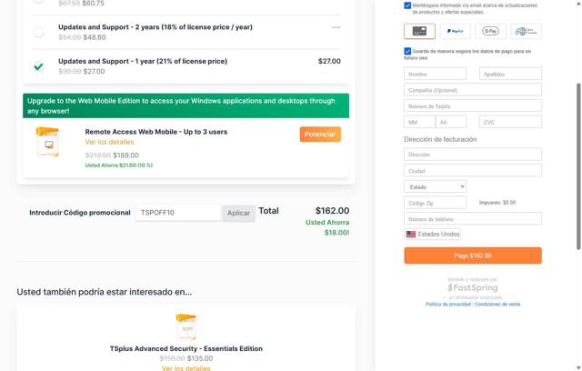 TSPlus checkout page showing TSPlus coupon code box | Screenshot taken by SimplyCodes community member on May 28, 2025