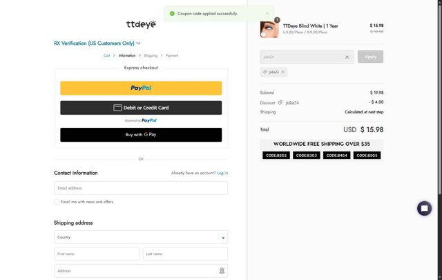 TTDeye checkout page showing TTDeye promo code box | Screenshot taken by SimplyCodes community member on Sep 8, 2025
