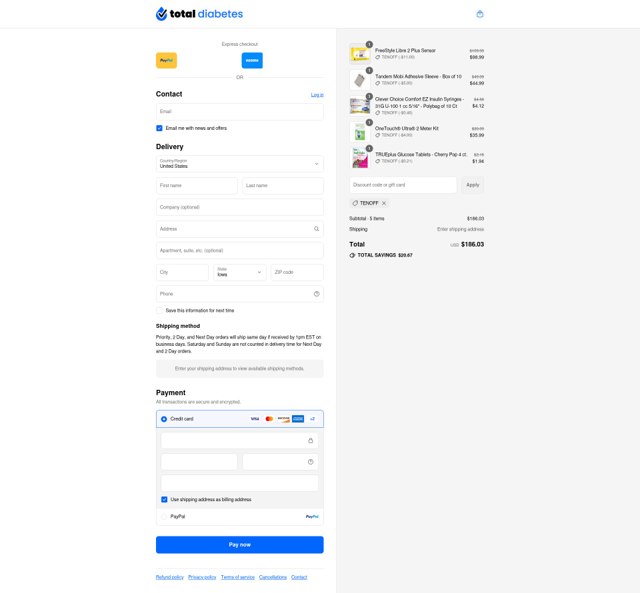 Total Diabetes Supply checkout page showing Total Diabetes Supply coupon code box | Screenshot taken by SimplyCodes community member on Sep 4, 2025