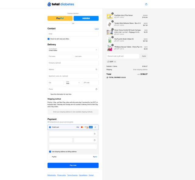 Total Diabetes Supply checkout page showing Total Diabetes Supply coupon code box | Screenshot taken by SimplyCodes community member on Sep 4, 2025