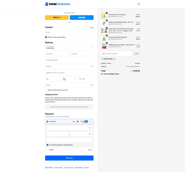 Total Diabetes Supply checkout page showing Total Diabetes Supply coupon code box | Screenshot taken by SimplyCodes community member on Sep 4, 2025