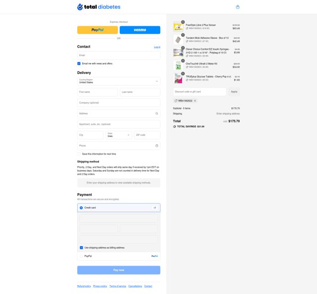Total Diabetes Supply checkout page showing Total Diabetes Supply coupon code box | Screenshot taken by SimplyCodes community member on Sep 4, 2025