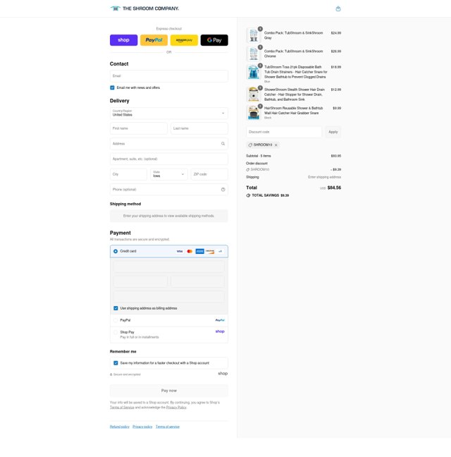 TubShroom checkout page showing TubShroom discount code box | Screenshot taken by SimplyCodes community member on Sep 4, 2025