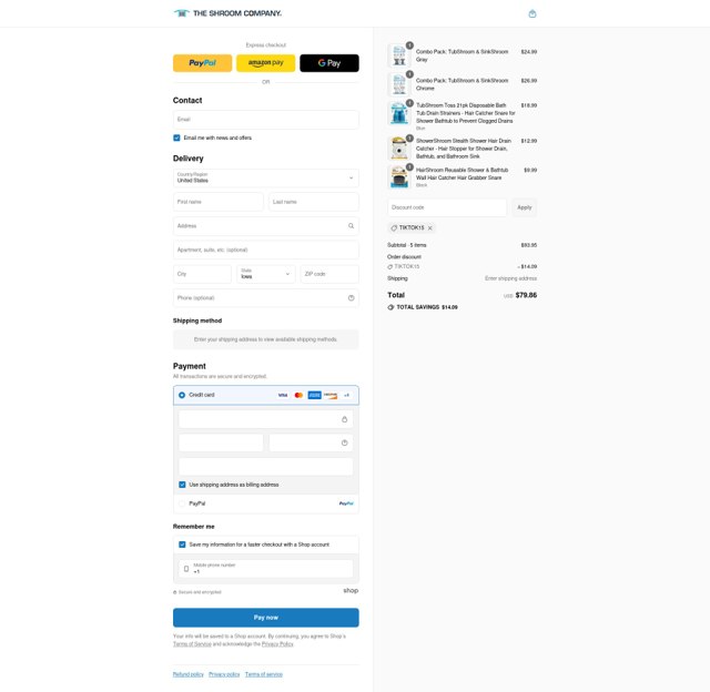 TubShroom checkout page showing TubShroom discount code box | Screenshot taken by SimplyCodes community member on Sep 4, 2025
