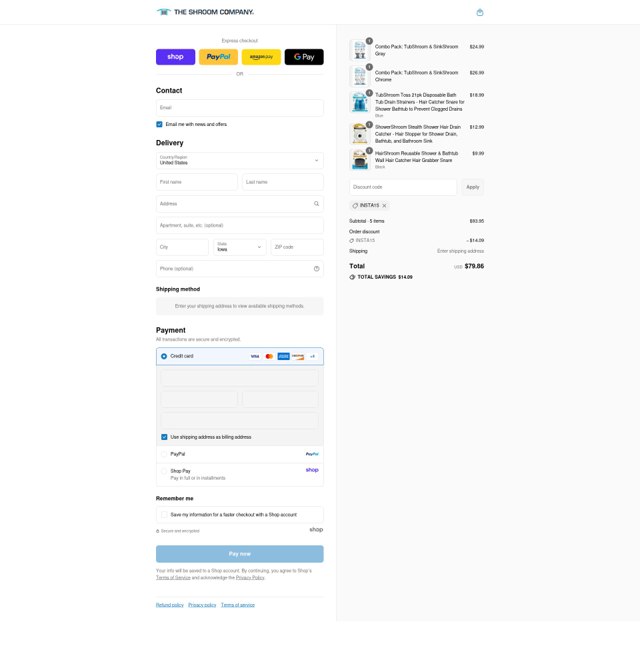 TubShroom checkout page showing TubShroom discount code box | Screenshot taken by SimplyCodes community member on Sep 4, 2025