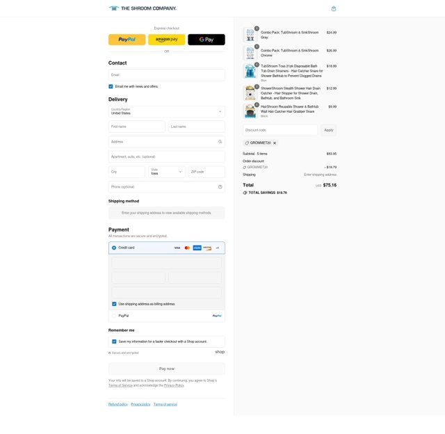 TubShroom checkout page showing TubShroom discount code box | Screenshot taken by SimplyCodes community member on Sep 4, 2025