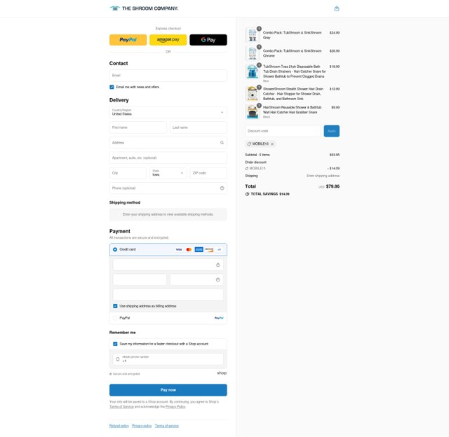 TubShroom checkout page showing TubShroom discount code box | Screenshot taken by SimplyCodes community member on Sep 4, 2025