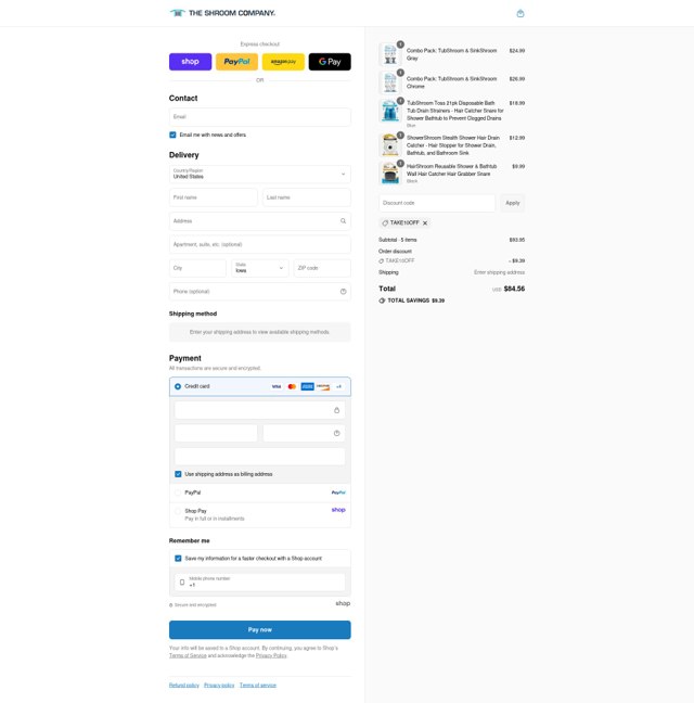 TubShroom checkout page showing TubShroom discount code box | Screenshot taken by SimplyCodes community member on Sep 4, 2025