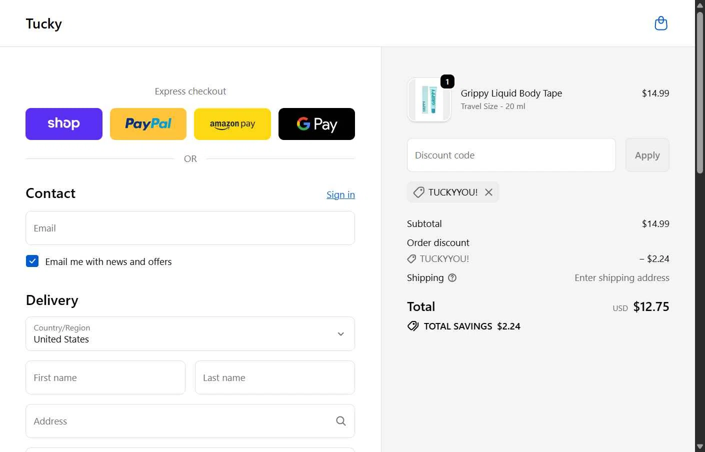 Tucky checkout page showing Tucky promo code box | Screenshot taken by SimplyCodes community member on Jan 15, 2026