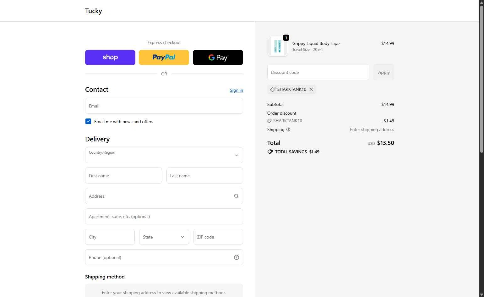Tucky checkout page showing Tucky promo code box | Screenshot taken by SimplyCodes community member on Jan 15, 2026