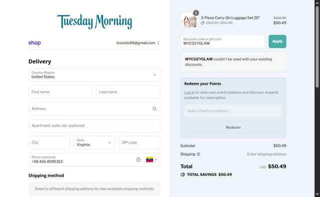 Tuesday Morning checkout page showing Tuesday Morning discount code box | Screenshot taken by SimplyCodes community member on Sep 6, 2025