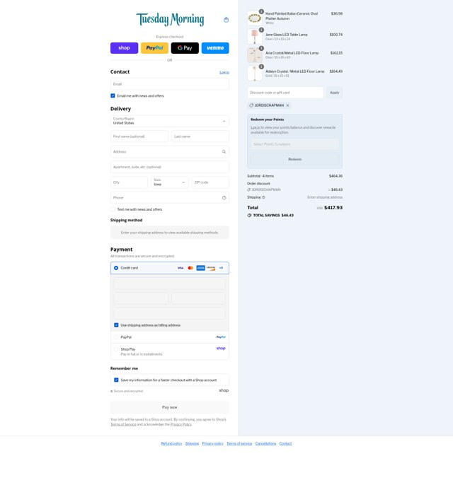 Tuesday Morning checkout page showing Tuesday Morning discount code box | Screenshot taken by SimplyCodes community member on Sep 3, 2025