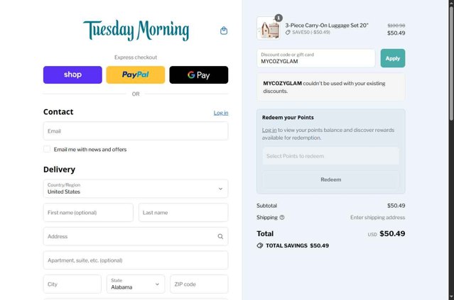 Tuesday Morning checkout page showing Tuesday Morning discount code box | Screenshot taken by SimplyCodes community member on Sep 6, 2025