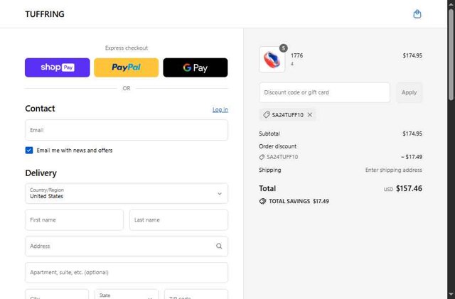 Tuff Ring checkout page showing Tuff Ring discount code box | Screenshot taken by SimplyCodes community member on Aug 27, 2025