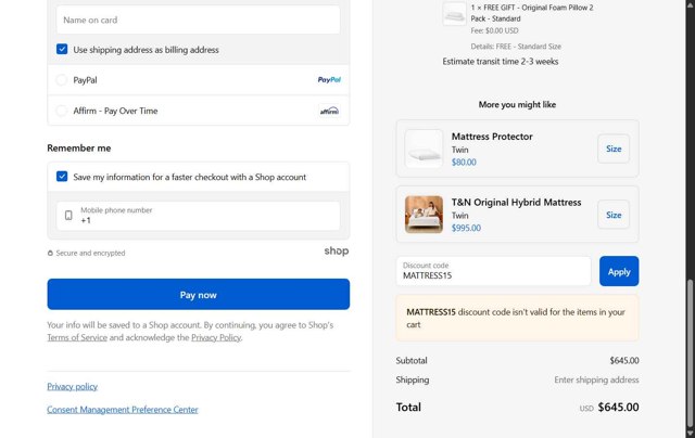 Tuft & Needle checkout page showing Tuft & Needle coupon code box | Screenshot taken by SimplyCodes community member on Aug 29, 2025