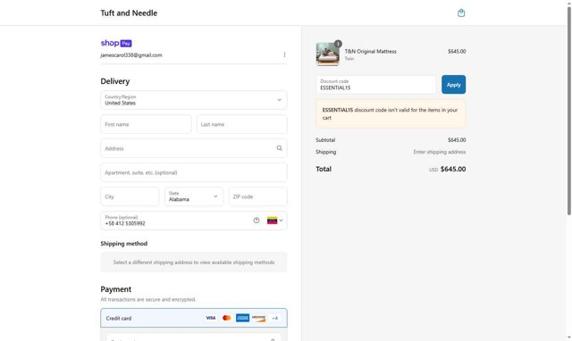 Tuft & Needle checkout page showing Tuft & Needle coupon code box | Screenshot taken by SimplyCodes community member on Jul 18, 2025