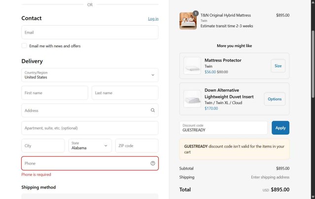 Tuft & Needle checkout page showing Tuft & Needle coupon code box | Screenshot taken by SimplyCodes community member on Jul 18, 2025