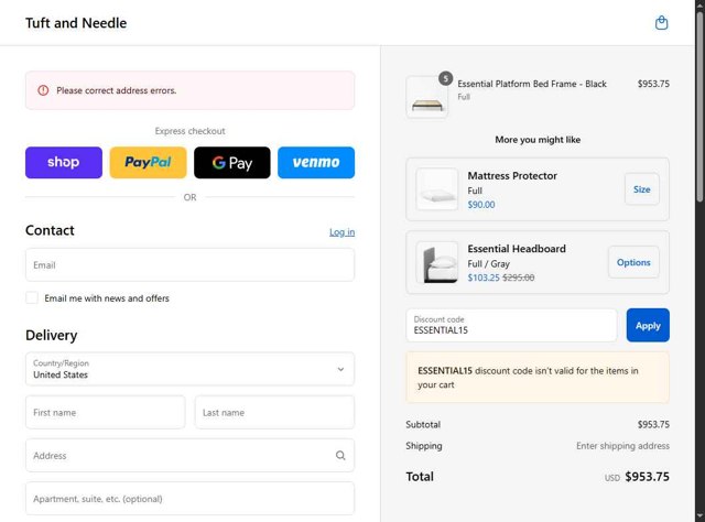 Tuft & Needle checkout page showing Tuft & Needle coupon code box | Screenshot taken by SimplyCodes community member on Aug 29, 2025