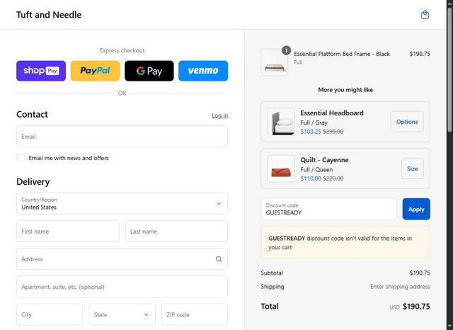 Tuft & Needle checkout page showing Tuft & Needle coupon code box | Screenshot taken by SimplyCodes community member on Aug 18, 2025