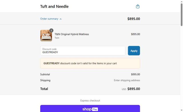 Tuft & Needle checkout page showing Tuft & Needle coupon code box | Screenshot taken by SimplyCodes community member on Jul 18, 2025