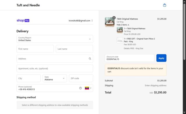 Tuft & Needle checkout page showing Tuft & Needle coupon code box | Screenshot taken by SimplyCodes community member on Aug 18, 2025