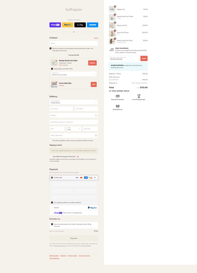 Tuft + Paw checkout page showing Tuft + Paw discount code box | Screenshot taken by SimplyCodes community member on Aug 11, 2025
