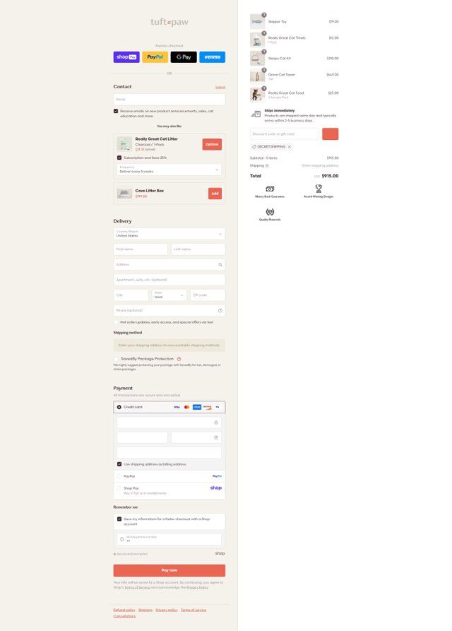 Tuft + Paw checkout page showing Tuft + Paw discount code box | Screenshot taken by SimplyCodes community member on Aug 15, 2025
