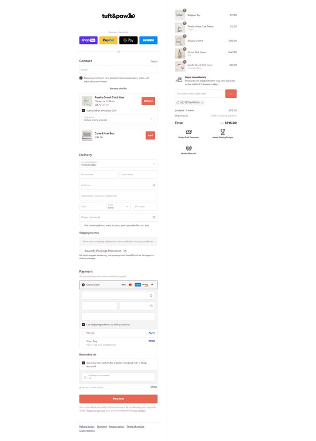 Tuft + Paw checkout page showing Tuft + Paw discount code box | Screenshot taken by SimplyCodes community member on Aug 24, 2025