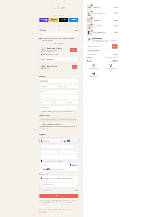 Tuft + Paw checkout page showing Tuft + Paw discount code box | Screenshot taken by SimplyCodes community member on Aug 7, 2025
