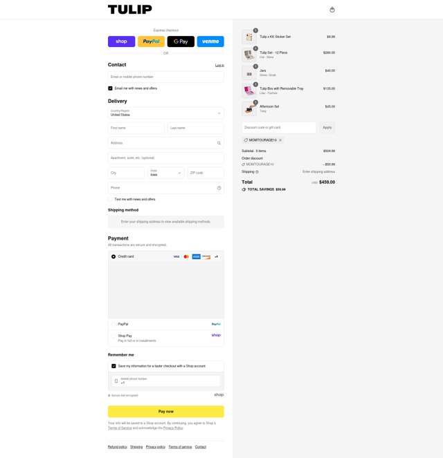 Tulip checkout page showing Tulip promo code box | Screenshot taken by SimplyCodes community member on Aug 29, 2025