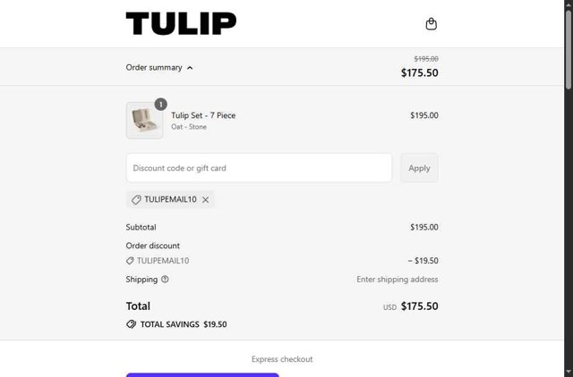 Tulip checkout page showing Tulip promo code box | Screenshot taken by SimplyCodes community member on Aug 27, 2025
